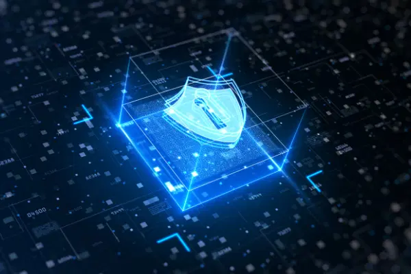 Holographic blue shield that is placed in a semi-transparent cube.